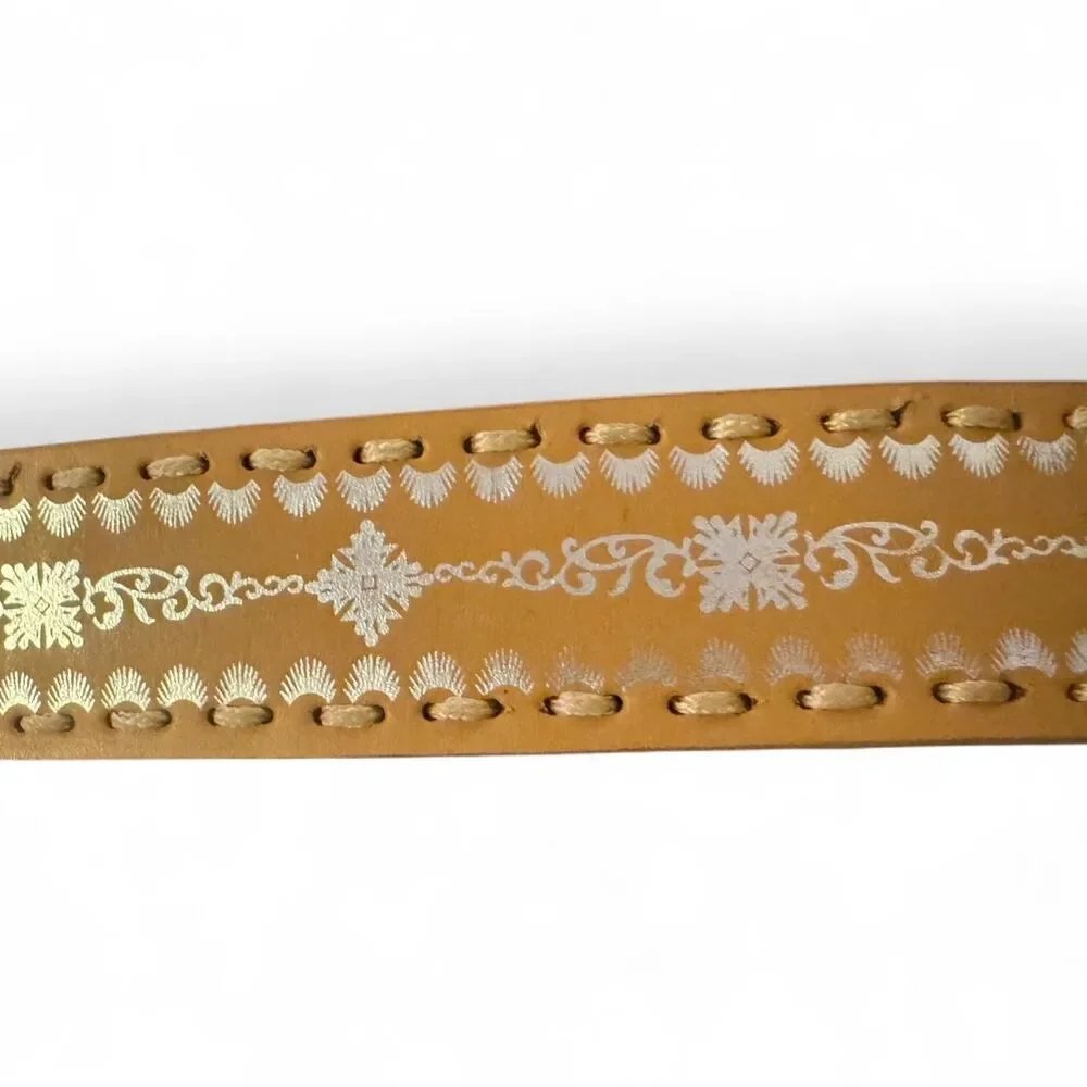 Faded Glory Tan leather belt with silver hardware and Aztec design size Large